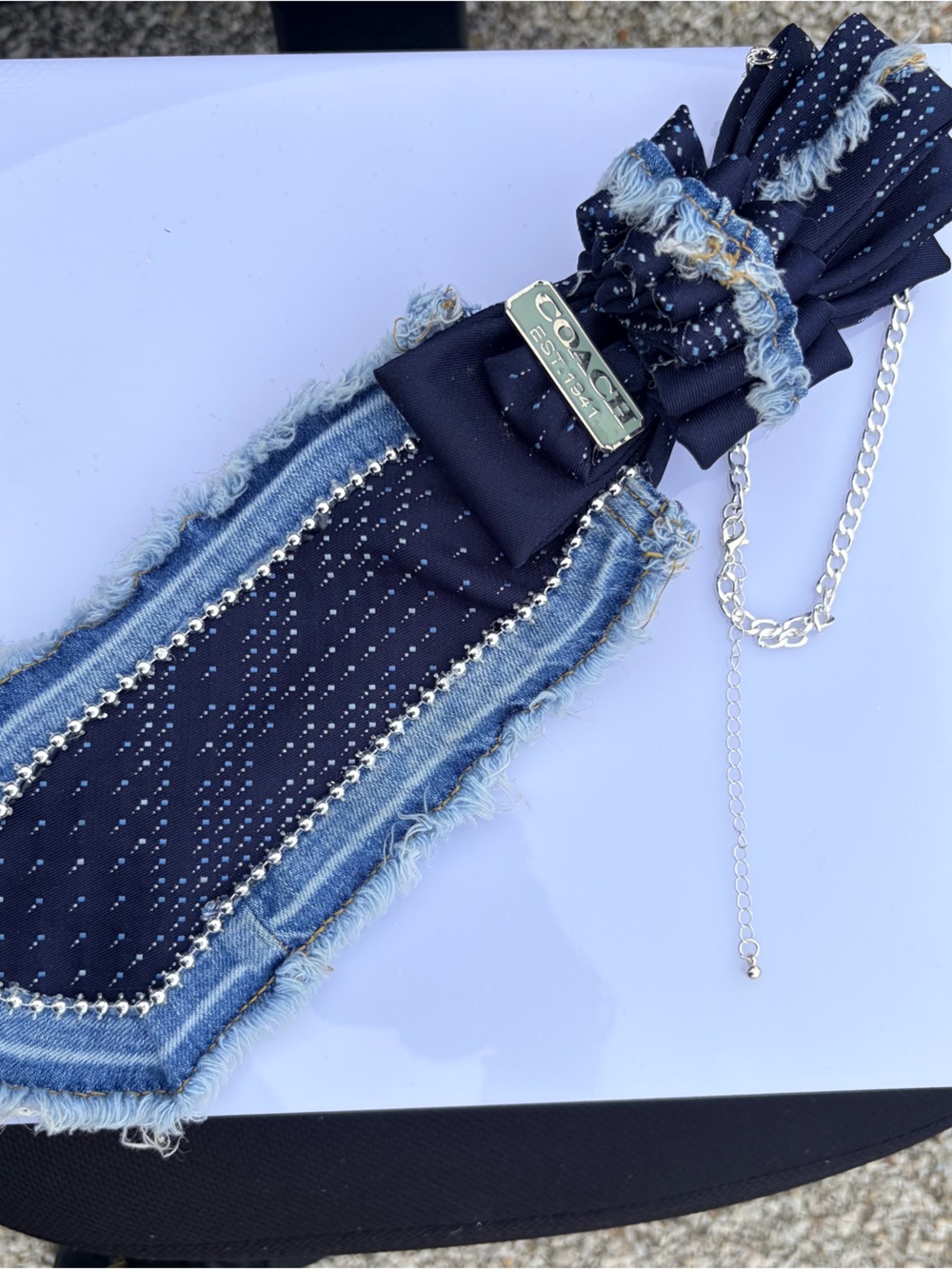 Coach Navy & Denim Bow Chain Headband with Silver Accents